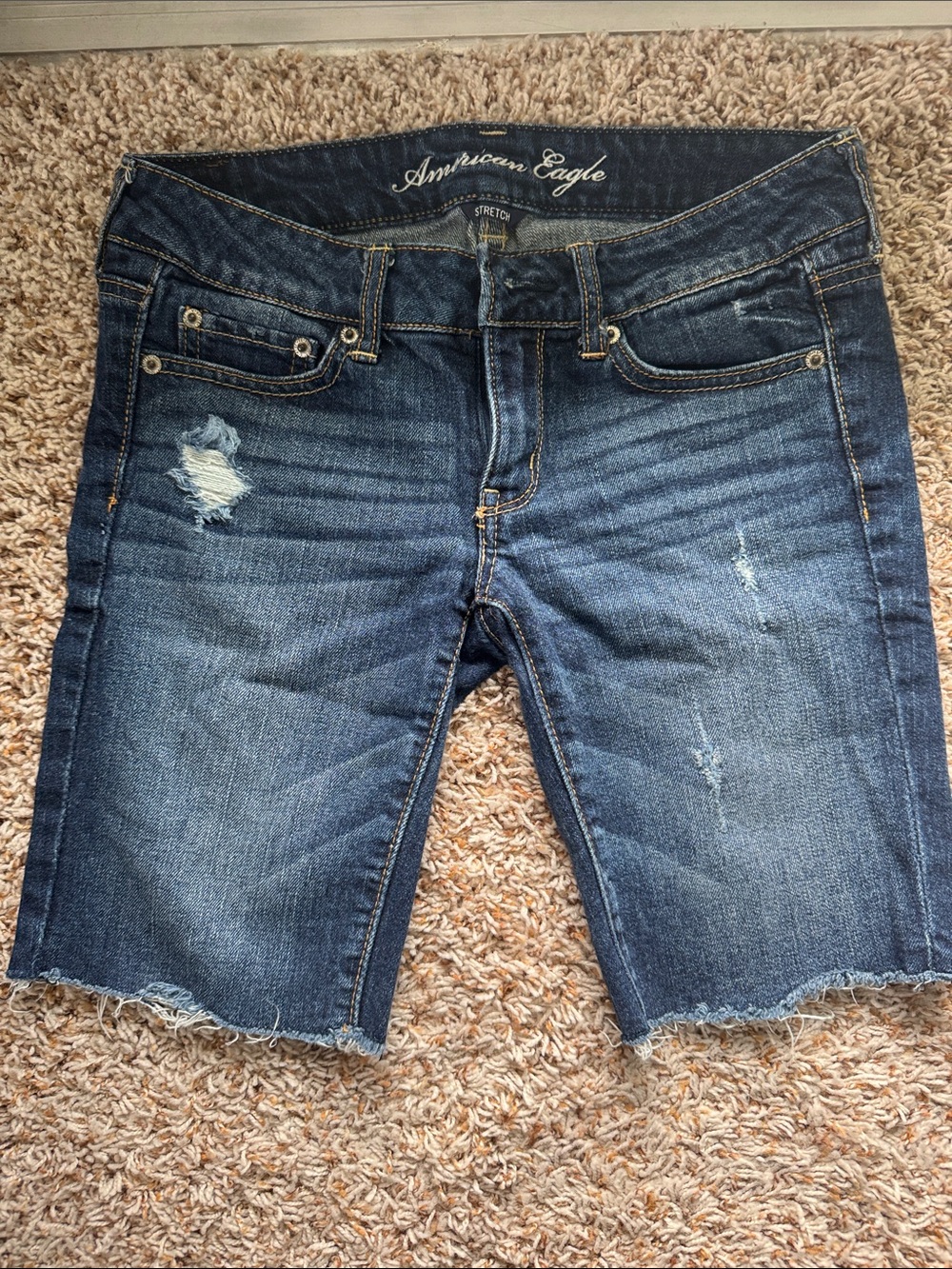 American Eagle Outfitters Dark Blue Distressed Denim Bermuda Shorts